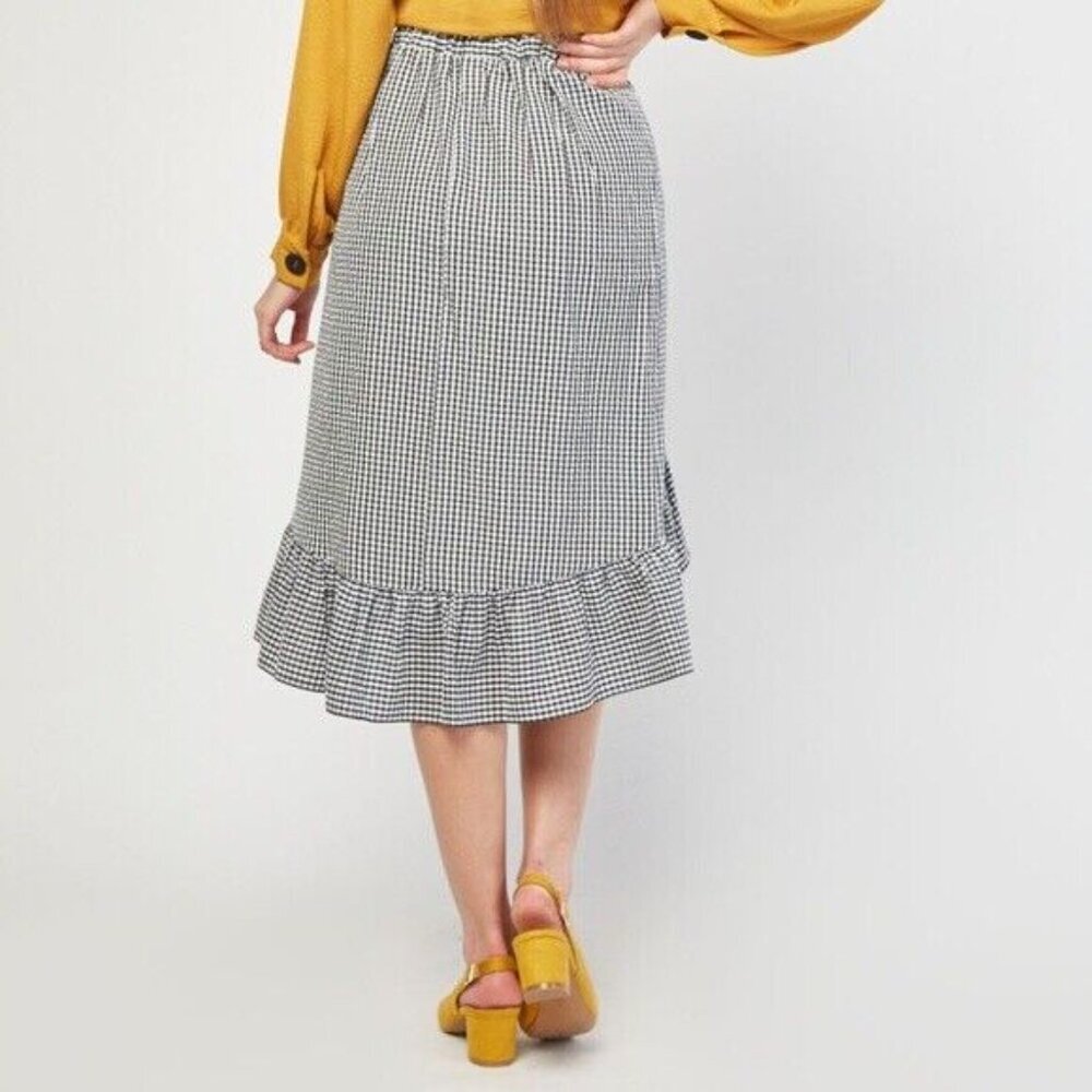 Ruffle Wrap Midi in Black White Gingham Plaid High Low Mid Rise Modest Skirt - Picture 5 of 5